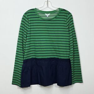 Crown & Ivy NWT Navy/Green Striped Peplum Ruffle Hem Lake Adventures Top‎ Size L